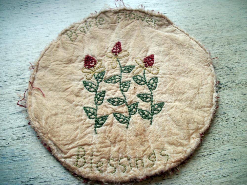 Primitive Candle Mat, Prairie Flowers, Hand Stitched, Spring, Summer